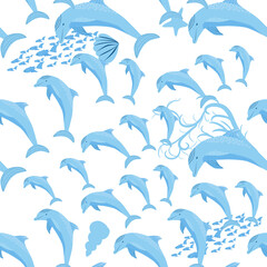 Naklejka premium Dolphin, sea inhabitants seamless pattern, beautiful character among seashells, algae, starfish, marine wildlife
