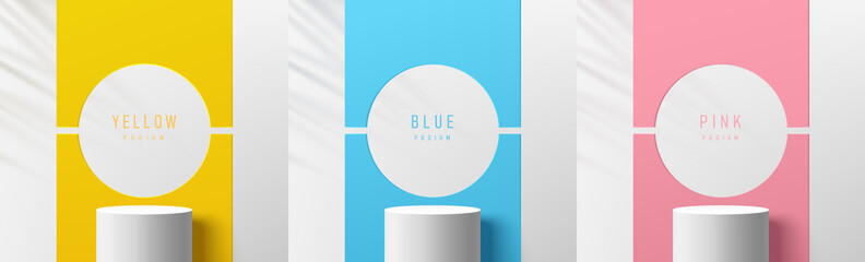 Set of white realistic 3d cylinder stand podium with yellow, blue and pink with geometric shape backdrop and shadow. Abstract vector rendering for product display presentation. Pastel minimal scene.