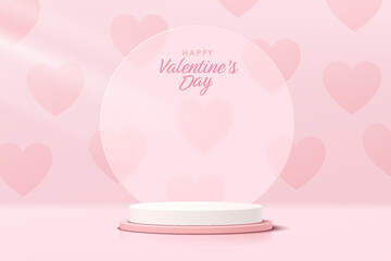 Realistic white and pink 3D cylinder pedestal podium with circle backdrop on heart wall scene. Minimal scene for valentine product display presentation. Vector geometric rendering platform design.