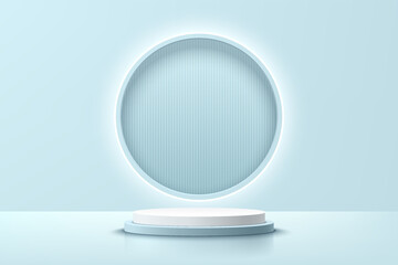 Realistic white and blue 3D cylinder pedestal podium with illuminate ring neon and stripes pattern in window. Minimal scene for product display presentation. Vector rendering geometric platform.