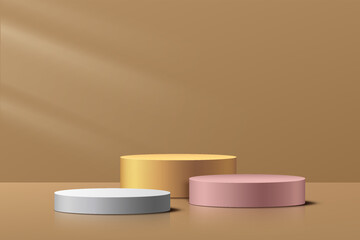 Realistic silver, pink gold and golden 3D cylinder pedestal or podium group in abstract golden room. Minimal luxury scene for product display presentation. Vector rendering geometric platform design.