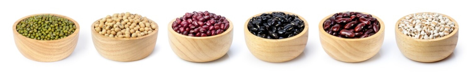 Collection of legumes ; green mung bean, soybean, red adzuki bean in wooden bowl isolated on white...