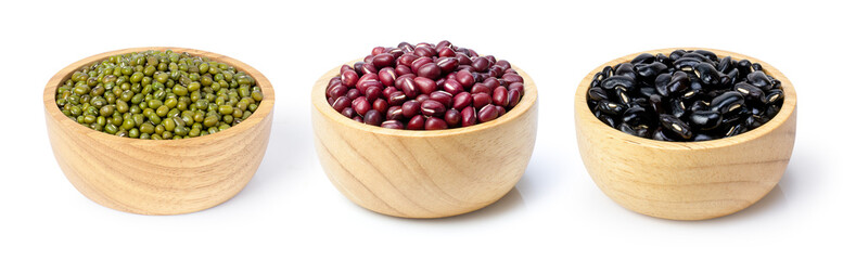 Set of mix beans (green mungbean, red and black bean) in wooden bowl isolated on white background. 