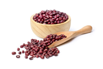 Closeup red Azuki bean (Adzuki or japanese red bean) in wooden bowl and scoop isolated on white background. 