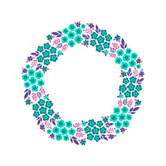 Hand-drawn wreath with white background. Wreath with green and purple. Cute and childish design for fabric, textile, wallpaper, bedding, swaddles or gender-neutral apparel.