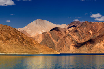 Mountains and Pangong tso (Lake). It is huge lake in Ladakh, shared by China and India along India China LOC border long and extends from India to Tibet. Leh, Ladakh, Jammu and Kashmir, India