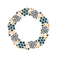 Hand-drawn wreath with white background. Wreath with orange and beige flowers. Cute and childish design for fabric, textile, wallpaper, bedding, swaddles or gender-neutral apparel.