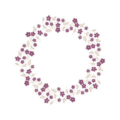 Hand-drawn wreath with white background. Wreath with purple flowers. 