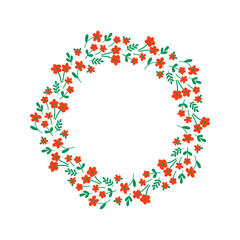 Hand-drawn wreath with white background. Wreath with green and orange flowers. Cute and childish design for fabric, textile, wallpaper, bedding, swaddles or gender-neutral apparel.