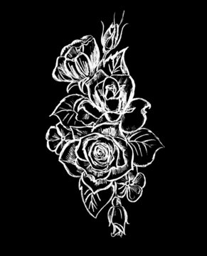 A composition of beautiful flowers, painted in white on a black background
