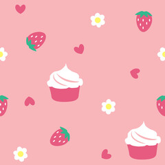 Strawberry cupcake cartoons pattern. sweet pink background. The seamless cute pattern in a girl or baby fashion, Fresh and juicy colorful strawberry heart in valentine. Vector design for fashion.
