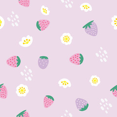 strawberry white flower cartoons pattern design. purple background. The seamless cute pattern in a girl or baby fashion, Fresh and juicy colorful strawberry fruit in summer. Vector design for fashion.