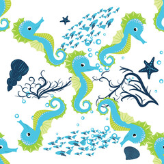 Seahorse, sea inhabitants seamless pattern, beautiful character among seashells, seaweed, starfish, marine