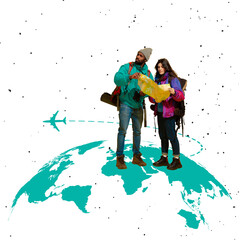Modern design, contemporary art collage. Tourists, man and woman looking for interesting place for travel