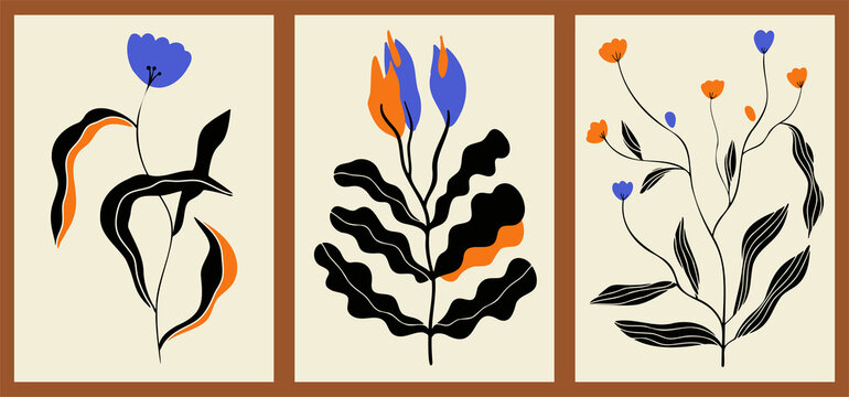 A set of three abstract minimalist aesthetic floral illustrations. Colorful silhouettes of plants on a neutral background. Modern vector posters for social media, web design in vintage style.