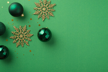 Top view photo of green christmas tree balls golden snowflakes star shaped confetti and sequins on...