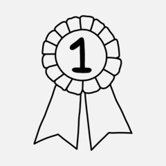 Vector hand drawn black line drawing of number one cockade ribbon doodle isolated on white background