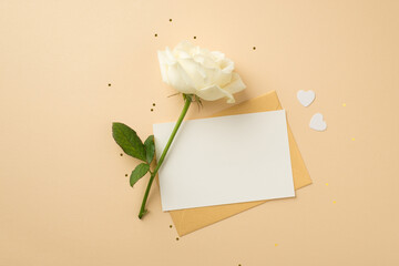 Top view photo of white rose card pastel yellow envelope white hearts and shiny sequins on isolated...