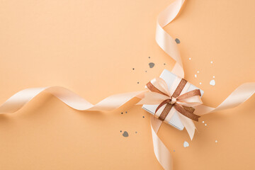 Top view photo of valentine's day decor silver heart shaped confetti glitter white giftbox with...