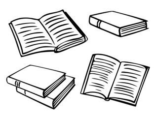 Vector illustration with collection of books. Black and white open and closed books.