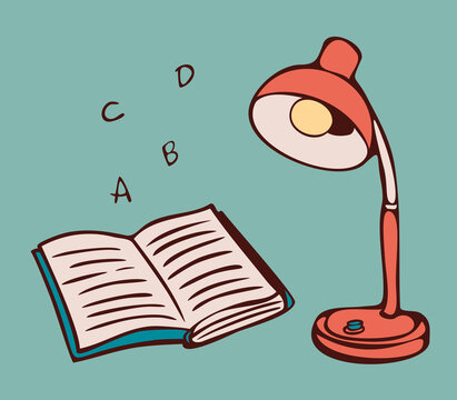 Vector illustration of table lamp, open book and letters. Design in cartoon style.