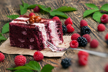 a cake made of red cakes with berry flavor