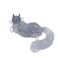 Hand drawn gray fluffy watercolor texture cat calmly sleeps, with minimalistic ink stroke whiskers and paws, isolated vector illustration