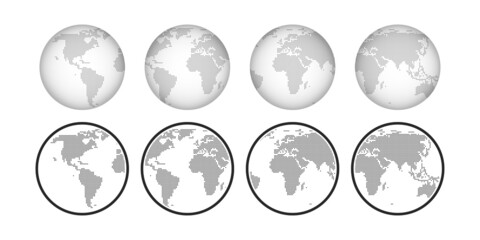 Globe Earth vector icon set. Globus world planet map black flat symbol and transparent collection.