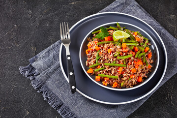 fried brown rice with green beans and carrot