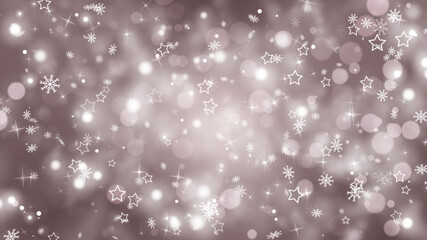 Winter Bokeh Illustration. pink winter background with white snowflakes, particles and stars.
