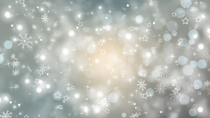 White Winter Bokeh Illustration. Light colors winter background with white snowflakes, particles and stars.