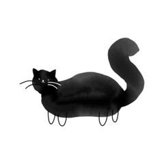 Hand drawn black watercolor texture cat, with minimalistic ink stroke whiskers and small paws, munchkin cat concept, isolated vector illustration