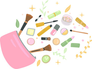 Pink cosmetic bag with various decorative cosmetics. The illustration can be used for a magazine, instagram and other commercial sites.

