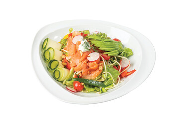 smoked salmon salad and avocado, cucumber on white plate