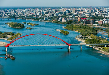 Aerial view of Bugrinsky Bridge over the Ob river in Novosibirsk, Russia