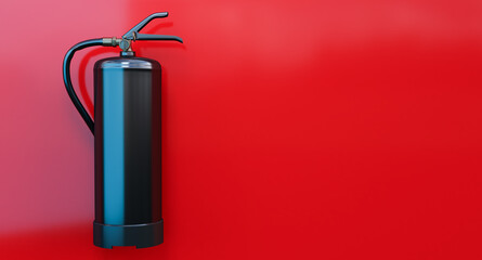 black Fire extinguishers isolated on red background. 3D render
