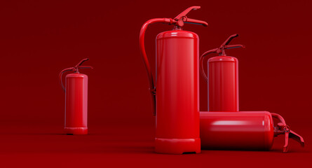 Obraz premium red Fire extinguishers isolated on dark red background. 3D render