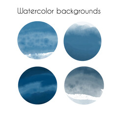 Hand drawn set of four blue marine watercolor circles, with watercolor texture, isolated vector logo or template illustration