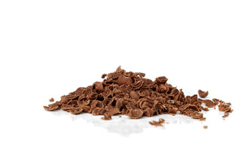 Pile of chopped chocolate isolated on white background.