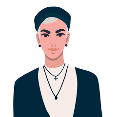 Portrait of a young stylish guy in a black hat and chains.Flat vector graphics.