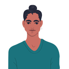 Portrait of a young handsome dark-skinned Indian guy. Flat vector graphics.