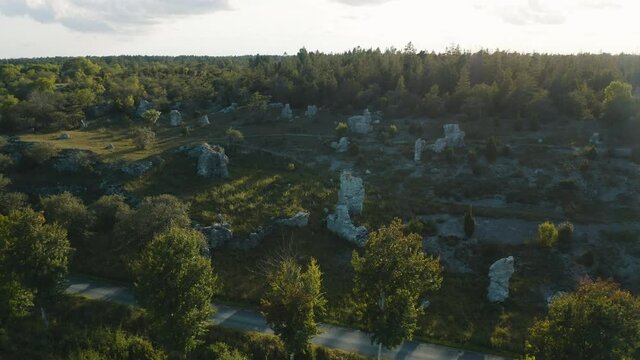 Aerial shot over a collection of rauk stones on Gotland, Sweden