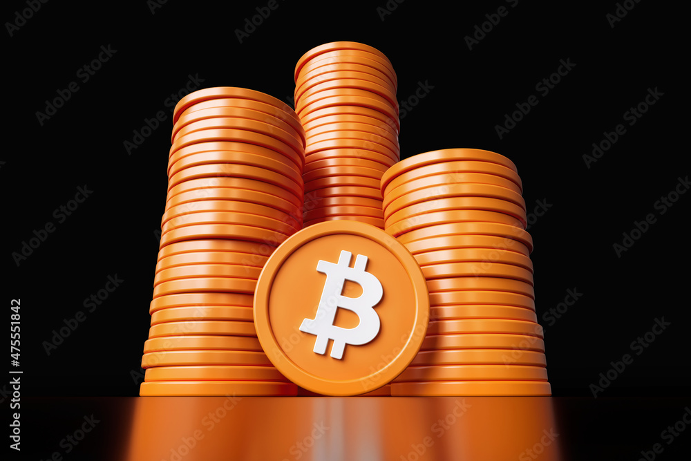 Poster bitcoin crypto coins stacked in several piles on a black background. perspective view from the groun