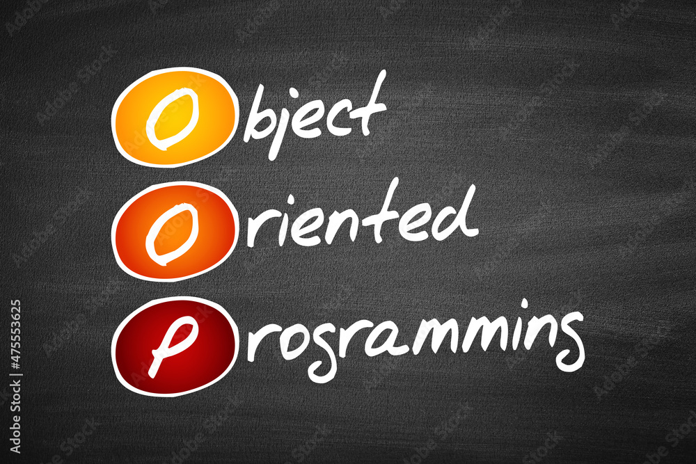 Poster oop object oriented programming, acronym business concept on blackboard