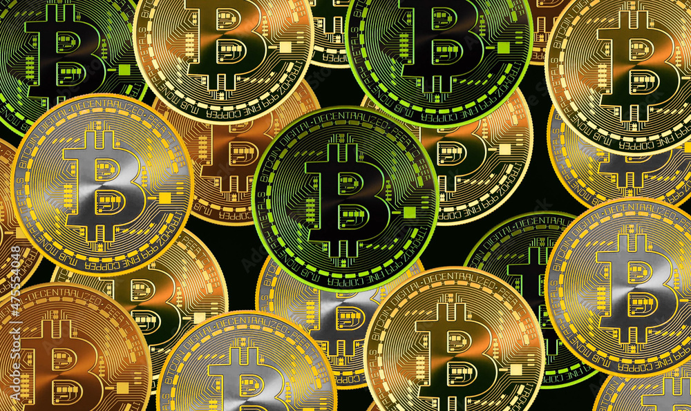 Poster Group of colorful Bitcoin coins with the dark background