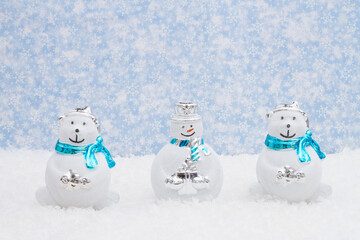Happy snowman and bears and snow with snowy sky