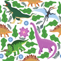 Doodle dinosaur pattern. Seamless textile dragon print, trendy childish fabric background, cartoon dinosaurs.