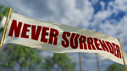 Never surrender transparent flag on bokeh forest background - object 3D illustration