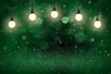 Fototapeta na wymiar green cute sparkling glitter lights defocused bokeh abstract background with light bulbs and falling snow flakes fly, holiday mockup texture with blank space for your content