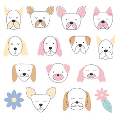 Collection of facial expressions of different breeds of dogs. Cute baby style, suitable for newborns
